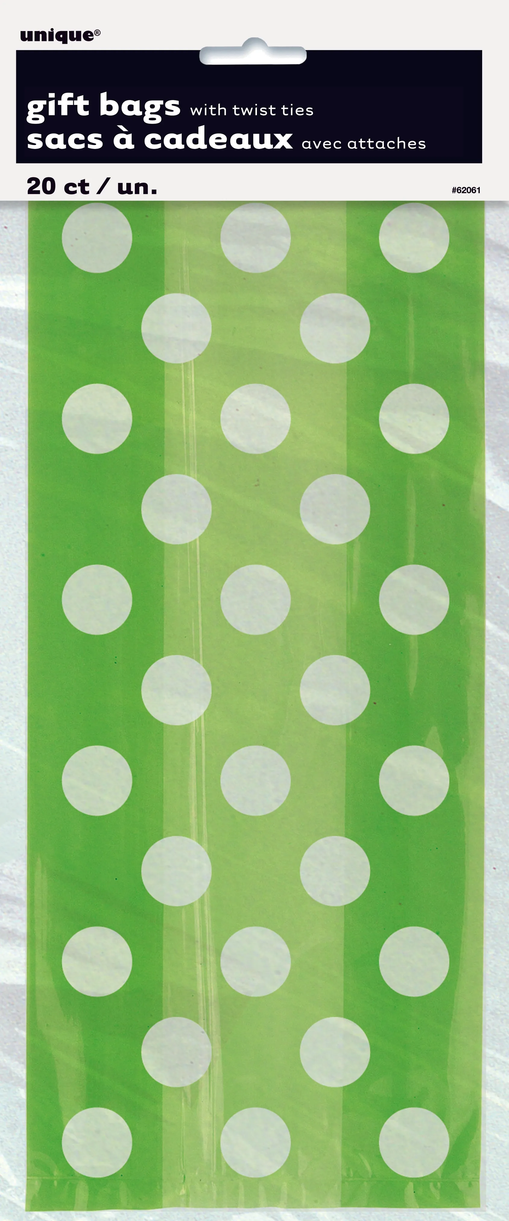 20 Pack Lime Green Dots Cello Bags - 12.5cm W x 28cm H