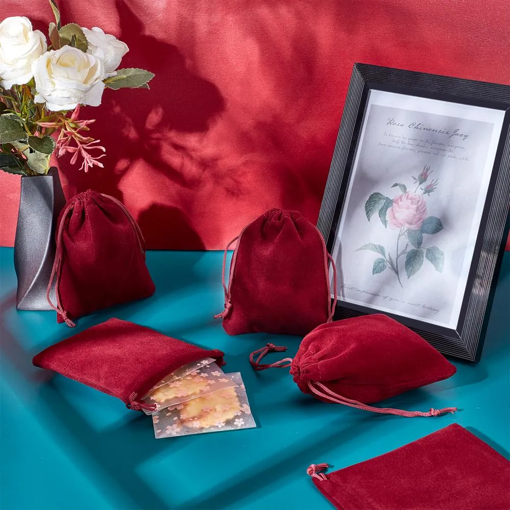 30 pc Rectangle Velvet Pouches, Candy Gift Bags Christmas Party Wedding Favors Bags, Dark Red, 12x10cm