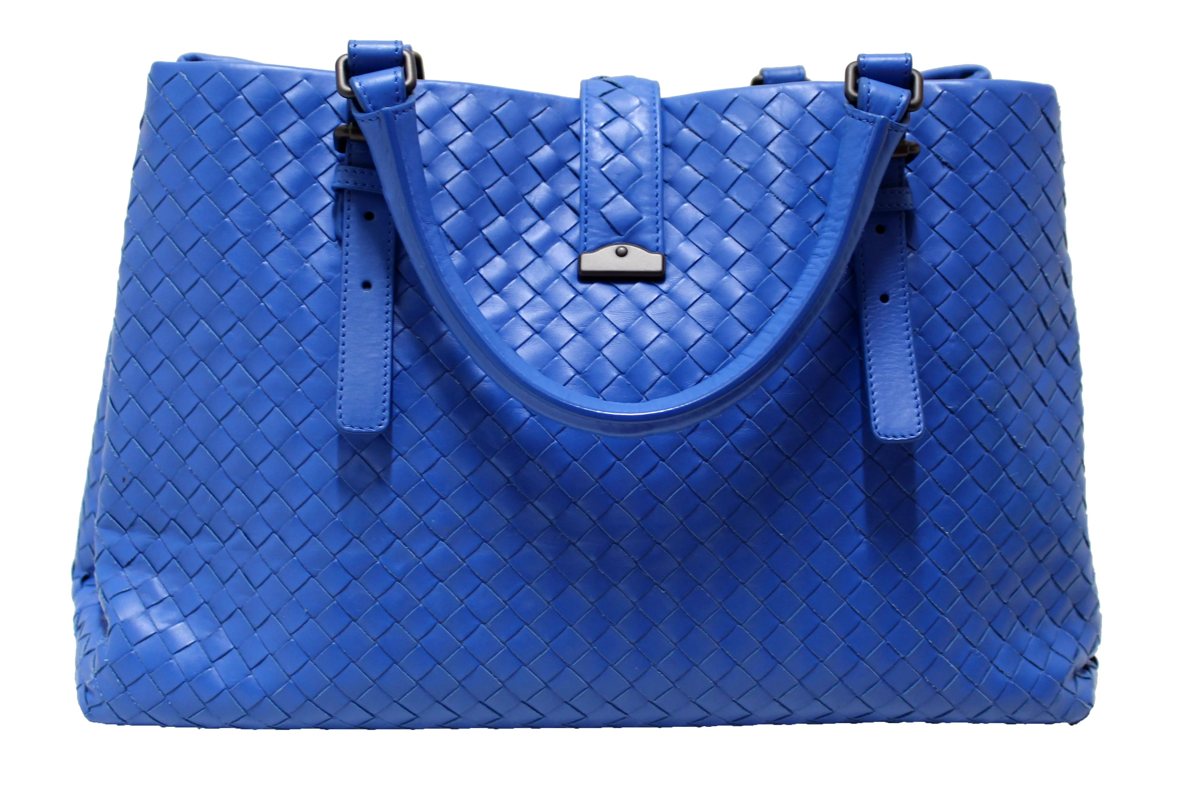Authentic Bottega Veneta Blue Intrecciato Woven Leather Large Roma Tote
