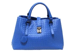 Authentic Bottega Veneta Blue Intrecciato Woven Leather Large Roma Tote