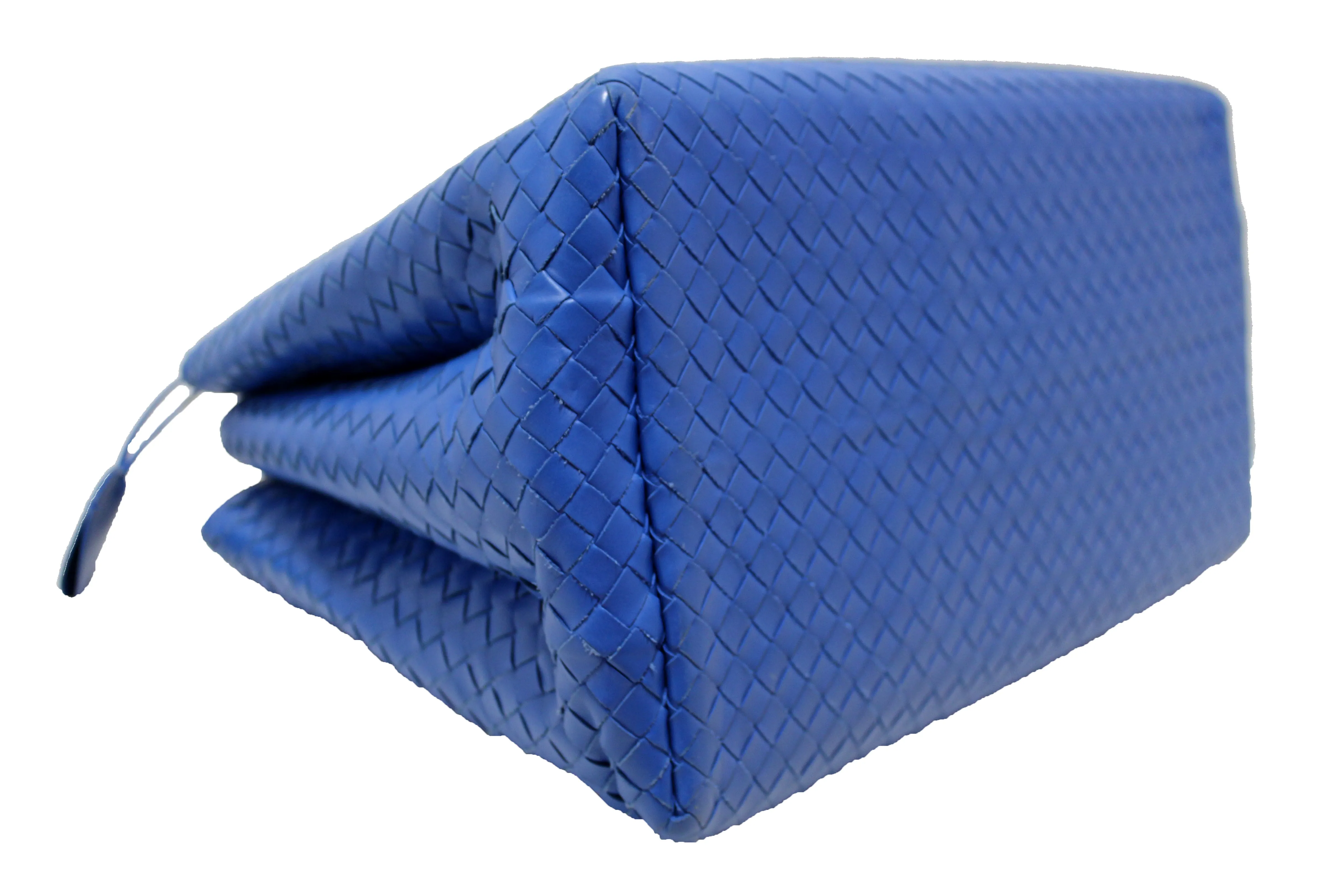 Authentic Bottega Veneta Blue Intrecciato Woven Leather Large Roma Tote