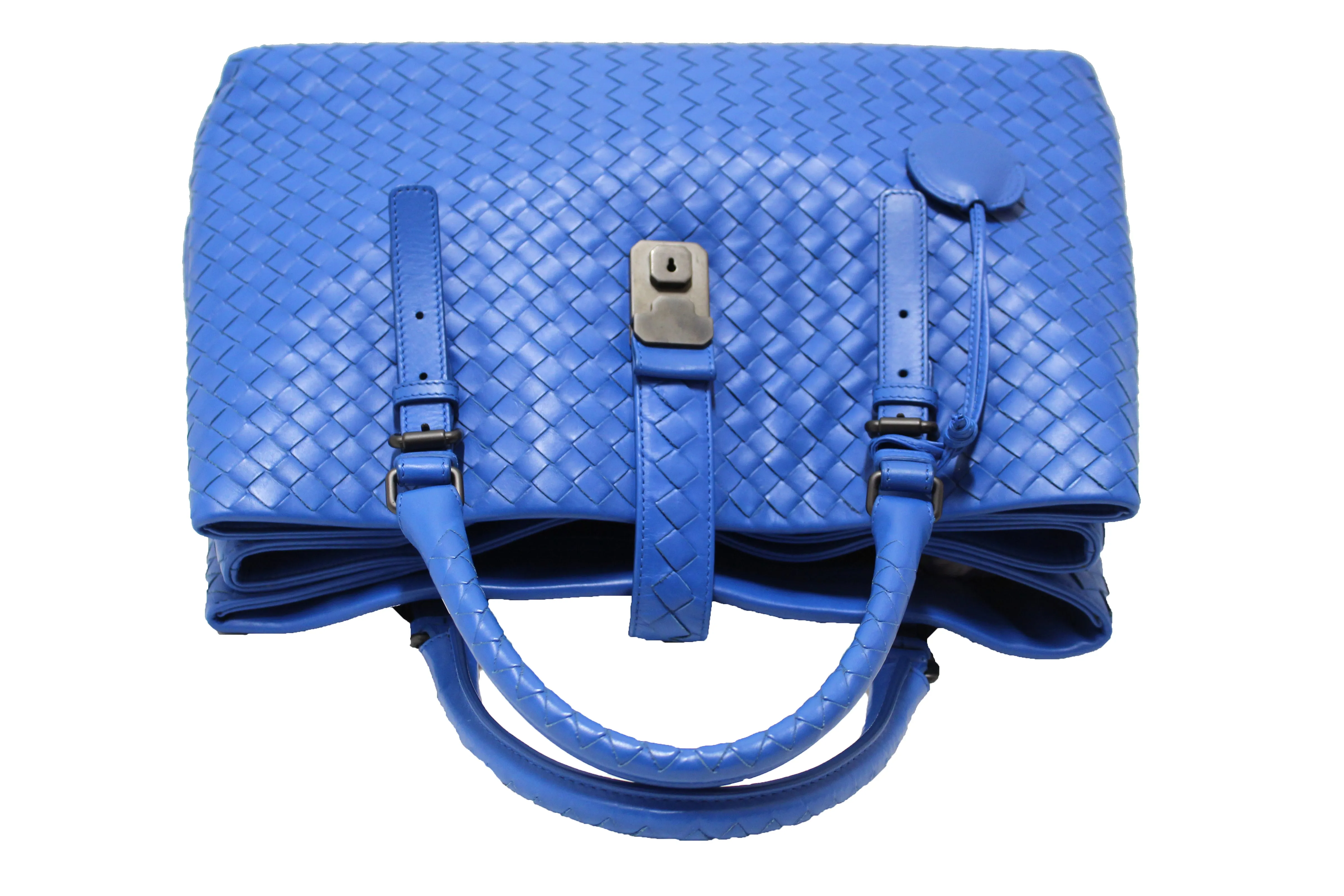 Authentic Bottega Veneta Blue Intrecciato Woven Leather Large Roma Tote