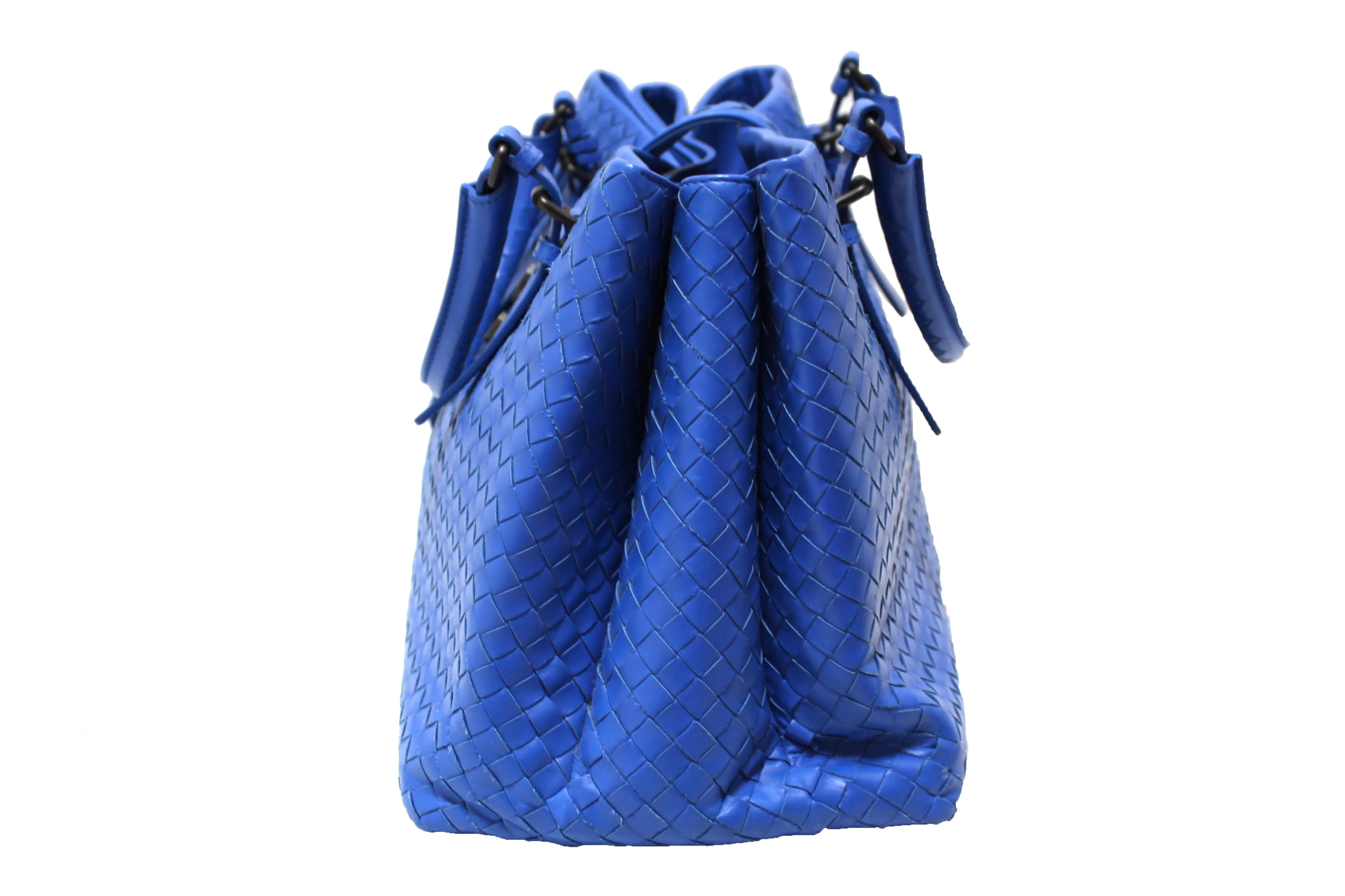 Authentic Bottega Veneta Blue Intrecciato Woven Leather Large Roma Tote