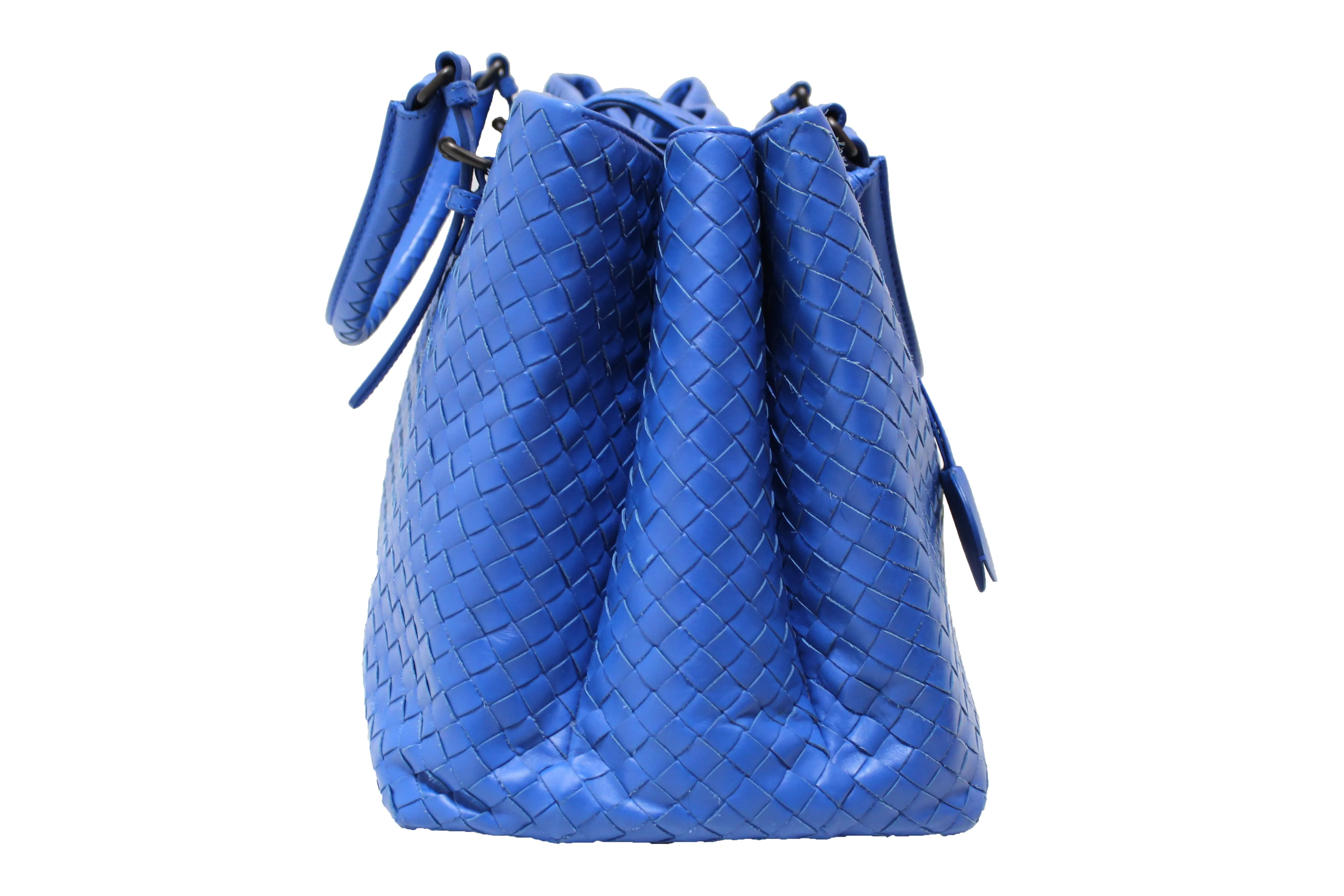 Authentic Bottega Veneta Blue Intrecciato Woven Leather Large Roma Tote