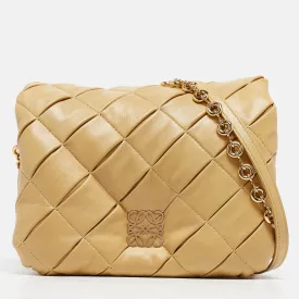 Beige Leather Pleated Goya Puffer Shoulder Bag