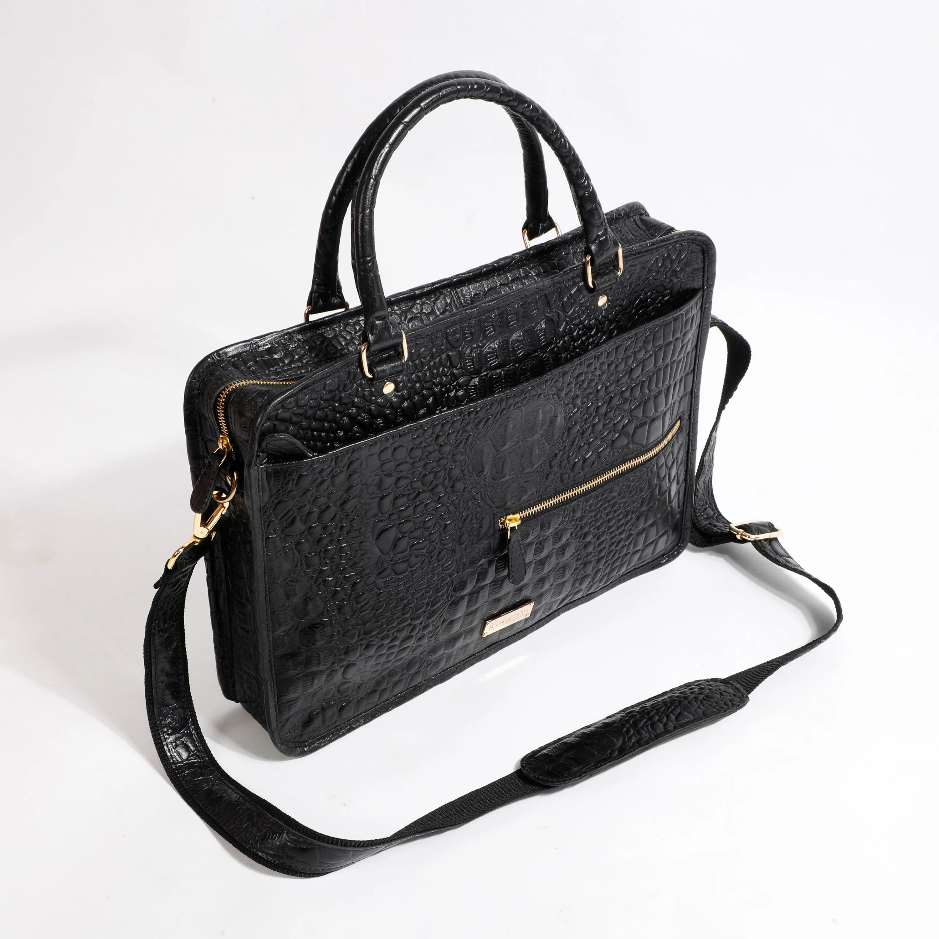 BLACK CROCO PATTERN LEATHER LAPTOP BAG