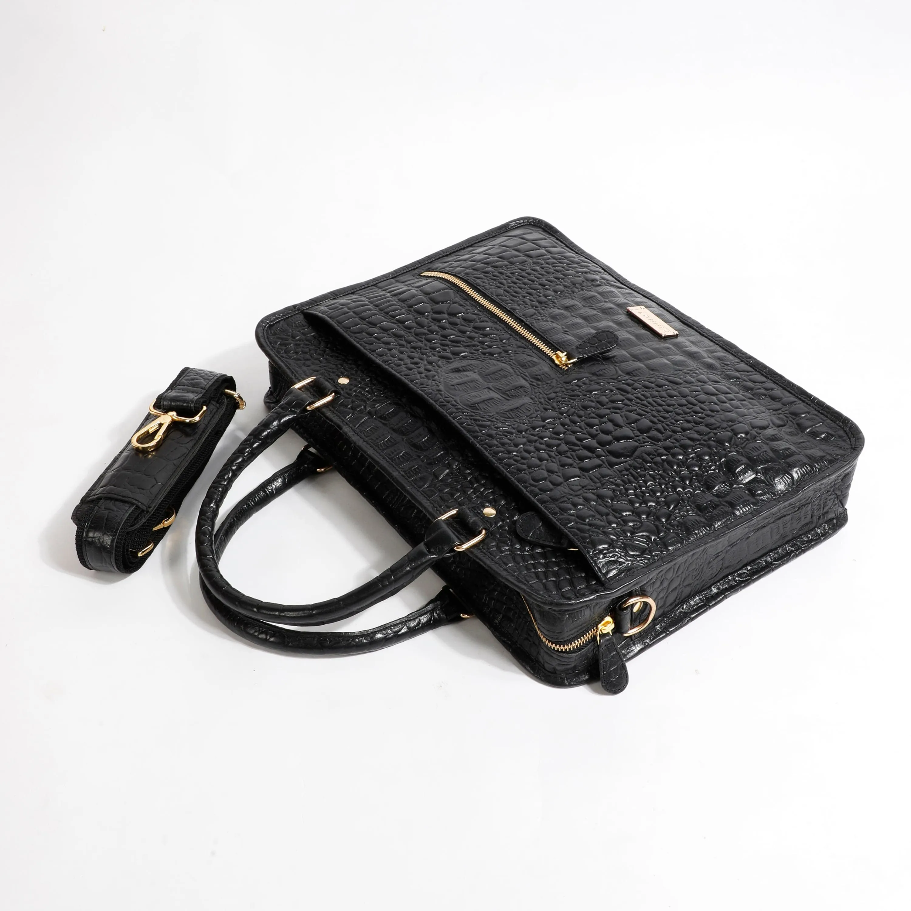 BLACK CROCO PATTERN LEATHER LAPTOP BAG