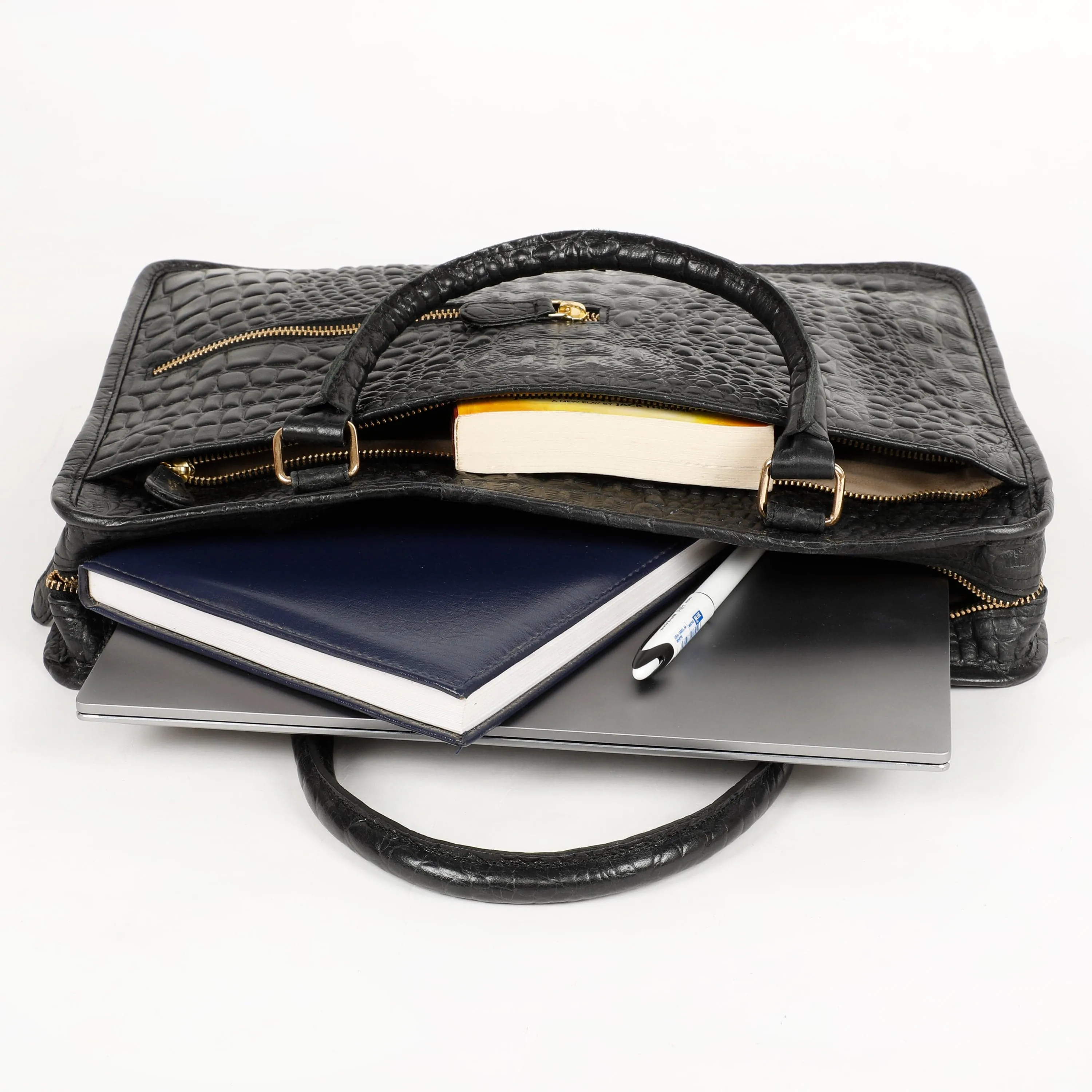 BLACK CROCO PATTERN LEATHER LAPTOP BAG