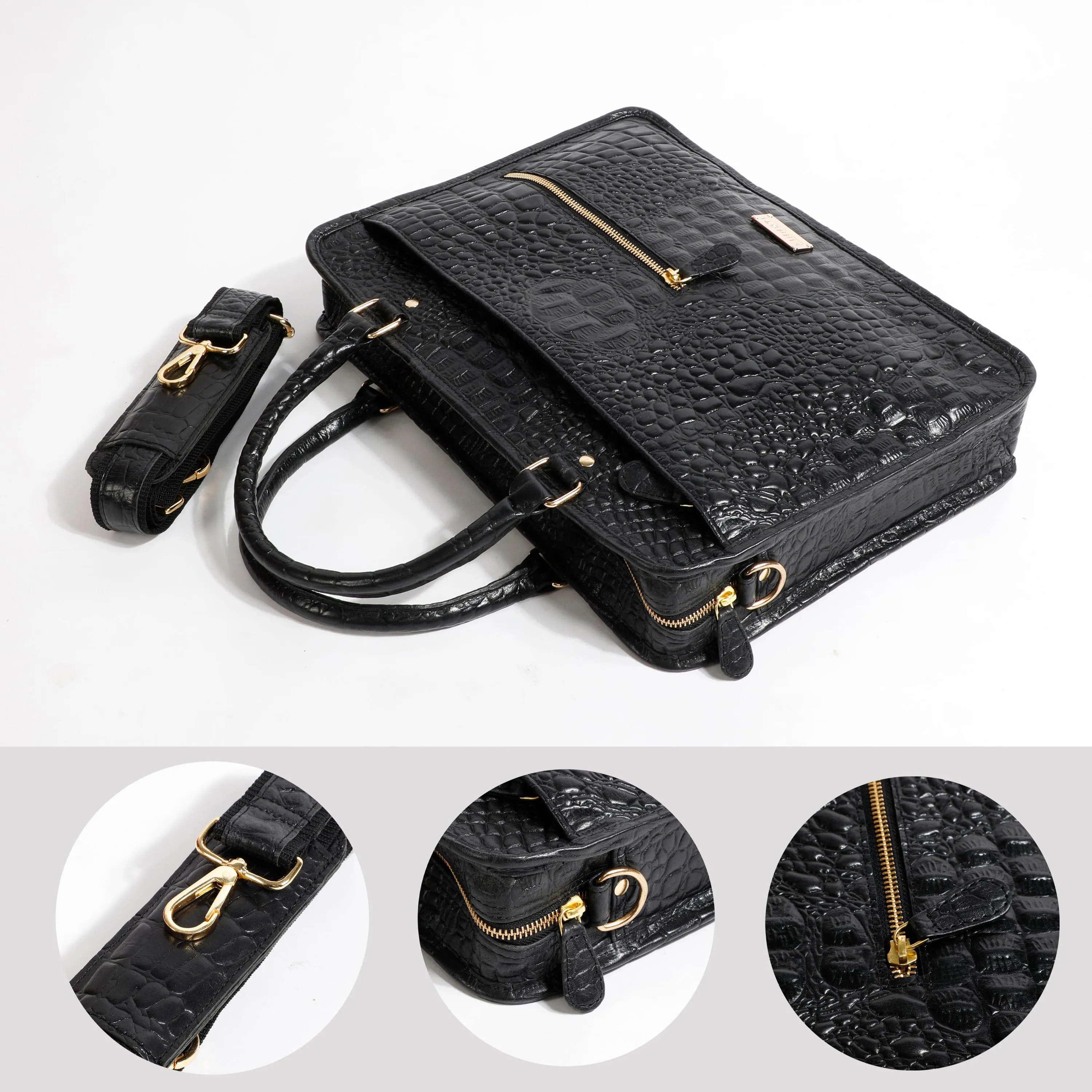 BLACK CROCO PATTERN LEATHER LAPTOP BAG