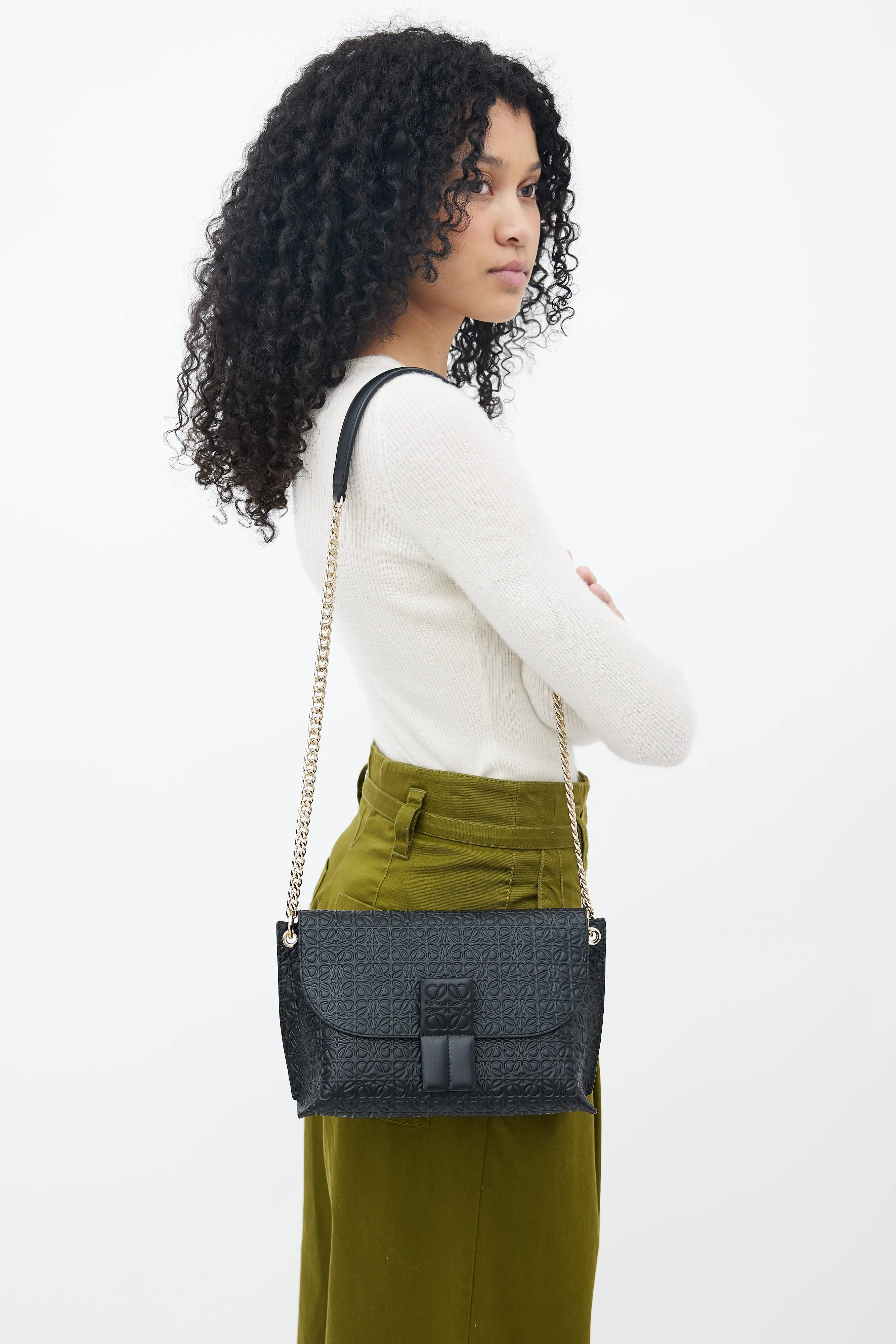 Black Leather Avenue Anagram Embossed Bag