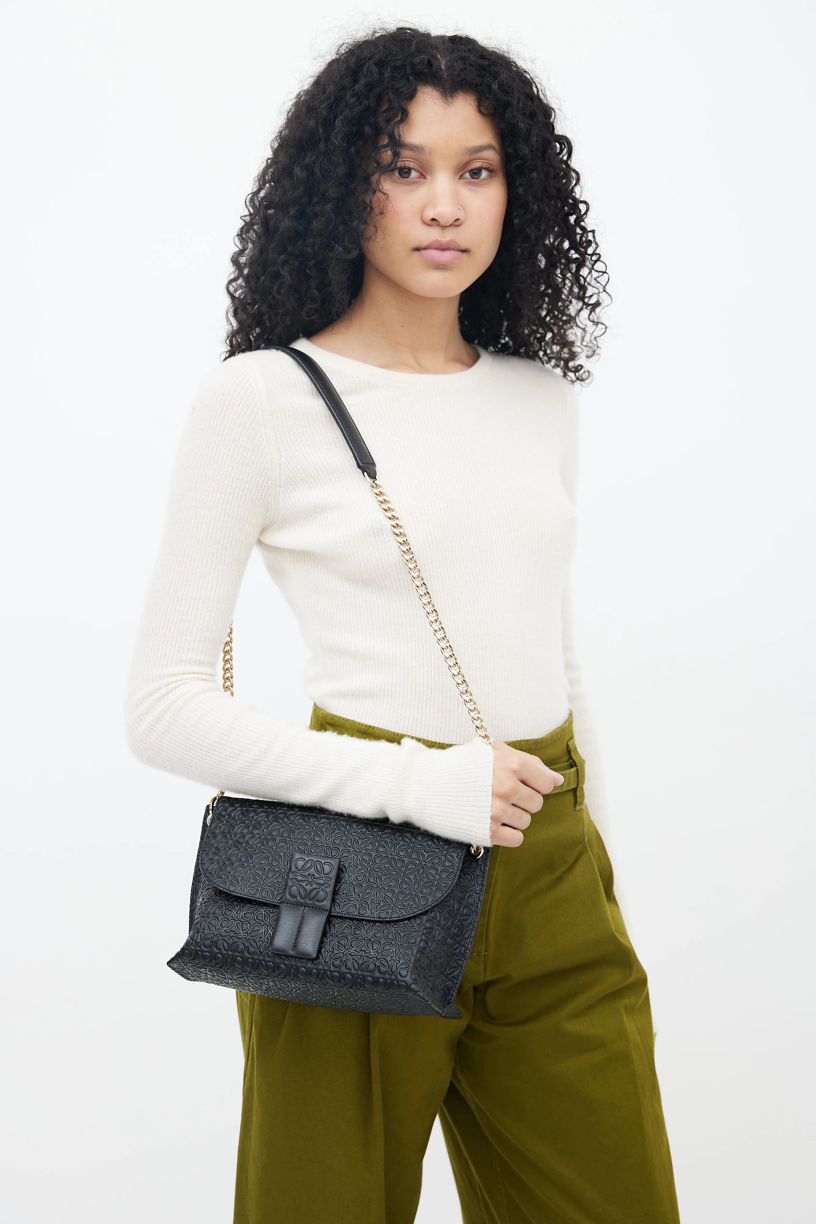 Black Leather Avenue Anagram Embossed Bag