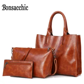 Bonsacchic 3pcs Leather Bags Handbags Women Famous Brand Shoulder Bag Female Casual Tote Women Messenger Bag Set Bolsas Feminina