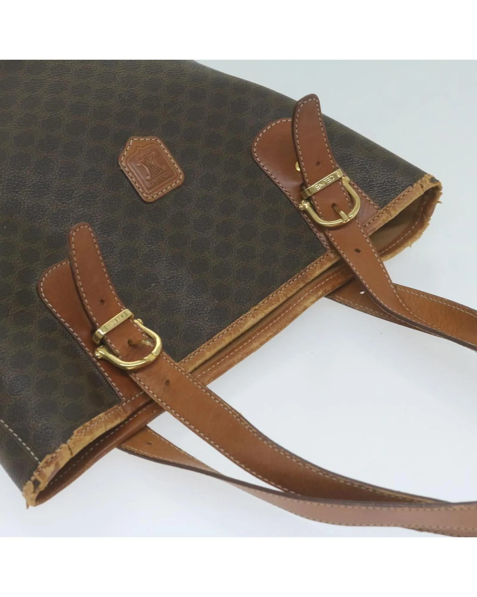 CELINE Trio Brown Canvas Leather Tote Bag