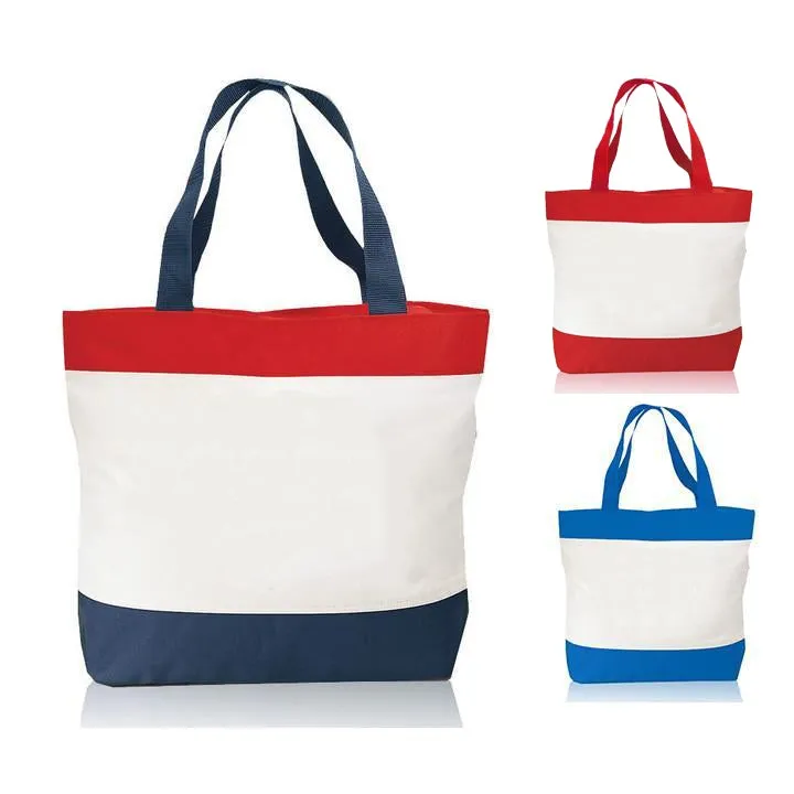 Closeout Tri-Color Deluxe Poly Zipper Beach Tote Bags