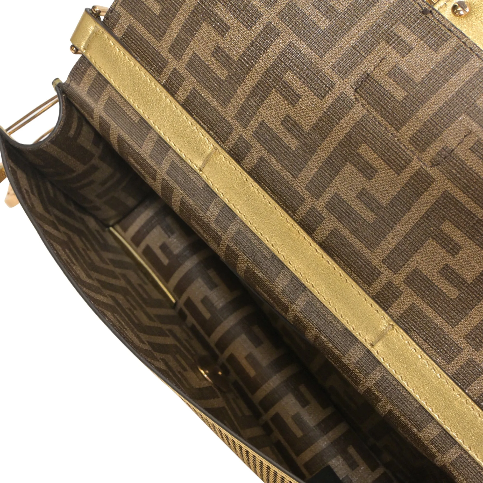 Fendace Brooch Baguette Bag in Gold Leather