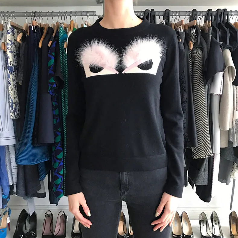 Fendi Black and Pink Knit Monster Bag Bug Fur Eyes Sweater - 4
