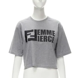 FENDI Femme Fierce embroidery FF logo grey cropped cotton tshirt M