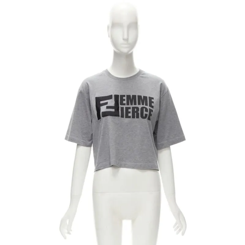 FENDI Femme Fierce embroidery FF logo grey cropped cotton tshirt M