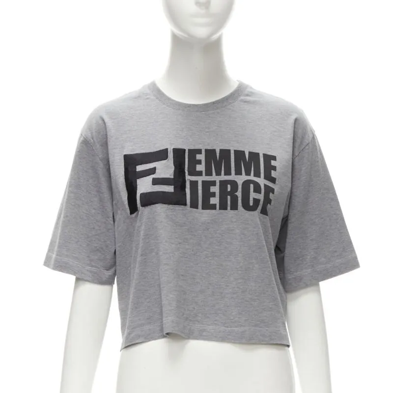 FENDI Femme Fierce embroidery FF logo grey cropped cotton tshirt M