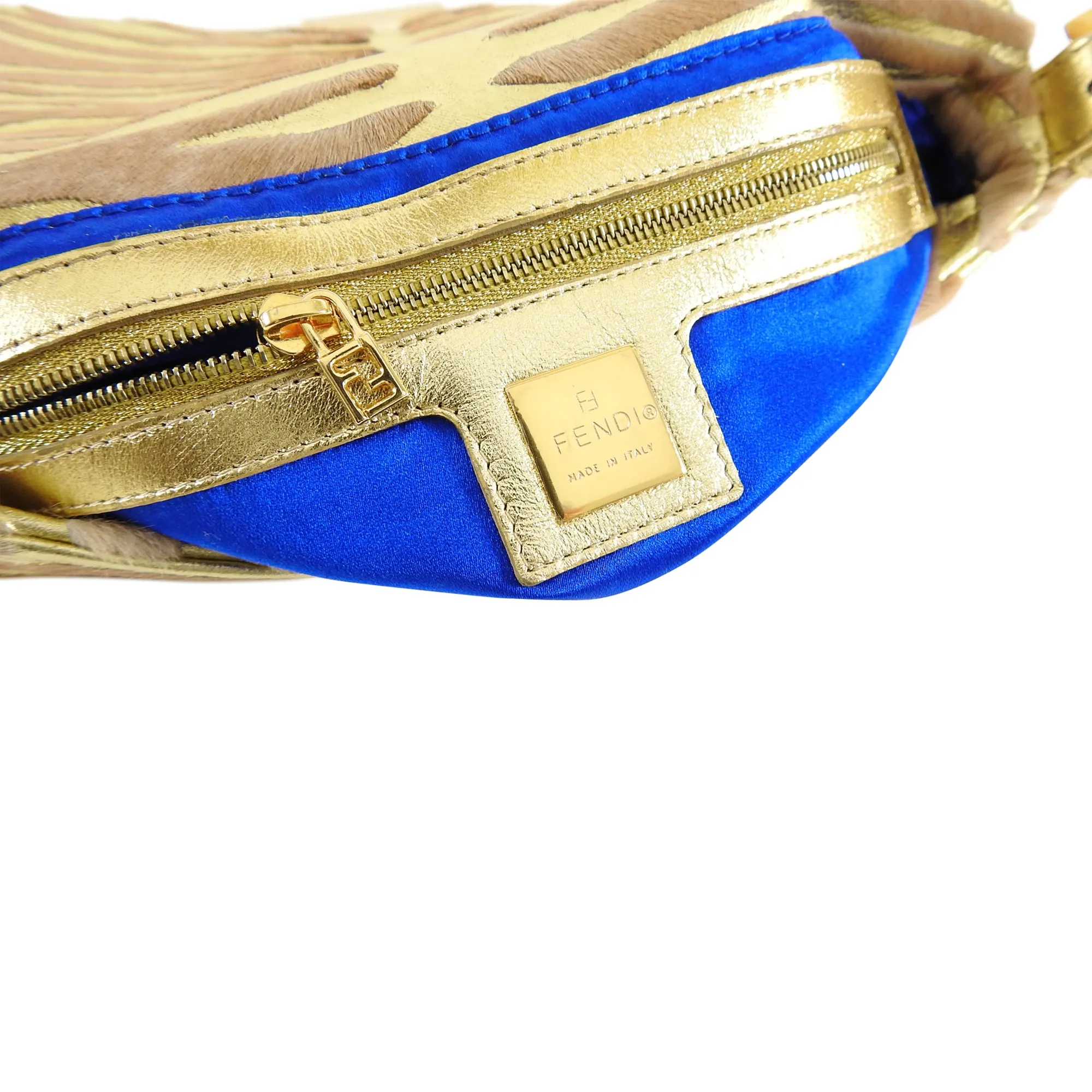 Fendi Vintage 1990's Gold Leather and Calf Hair Jewel Baguette Bag