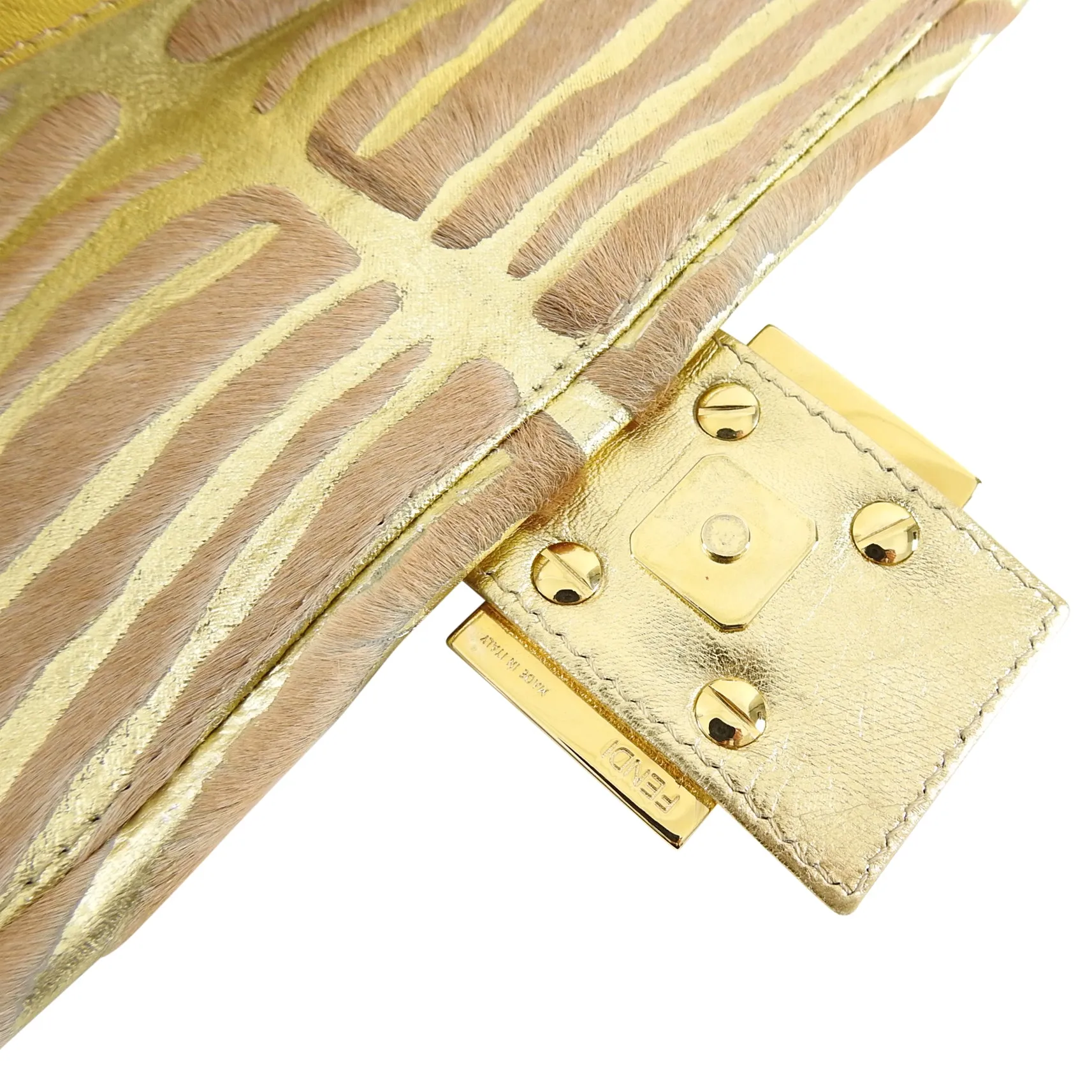 Fendi Vintage 1990's Gold Leather and Calf Hair Jewel Baguette Bag