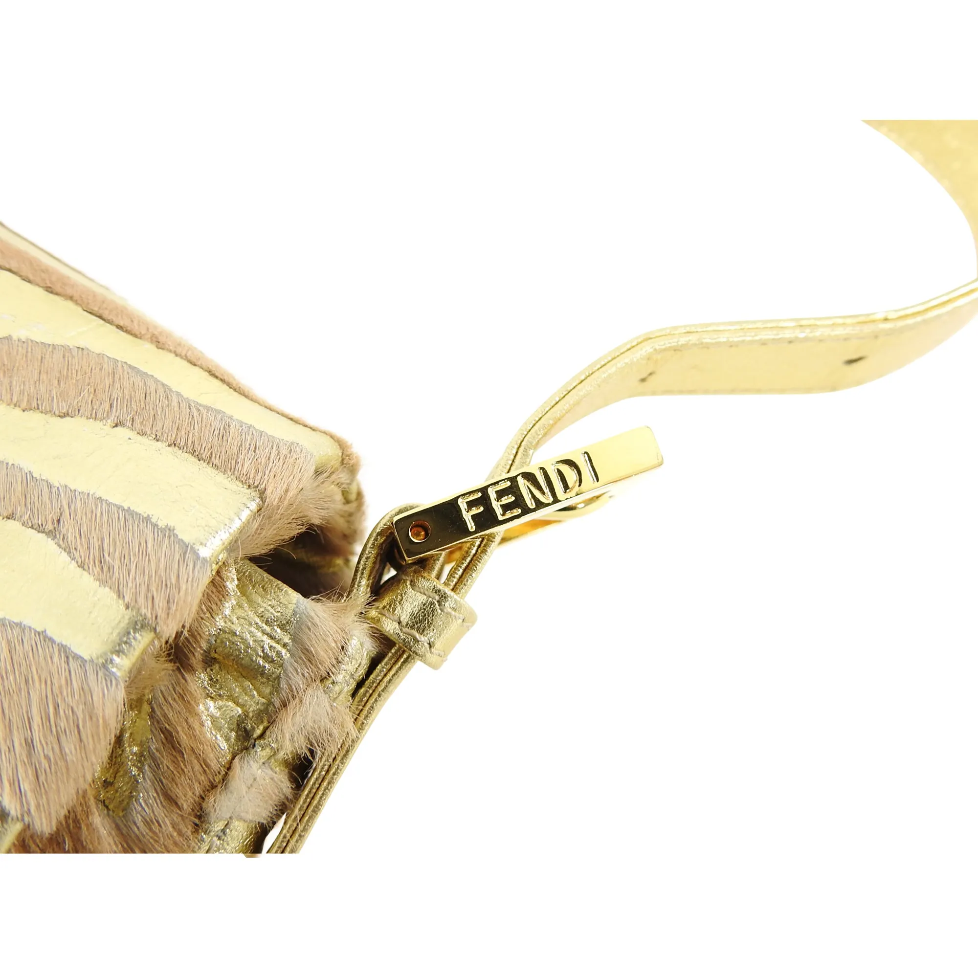 Fendi Vintage 1990's Gold Leather and Calf Hair Jewel Baguette Bag