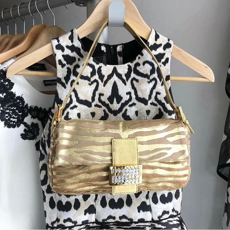 Fendi Vintage 1990's Gold Leather and Calf Hair Jewel Baguette Bag