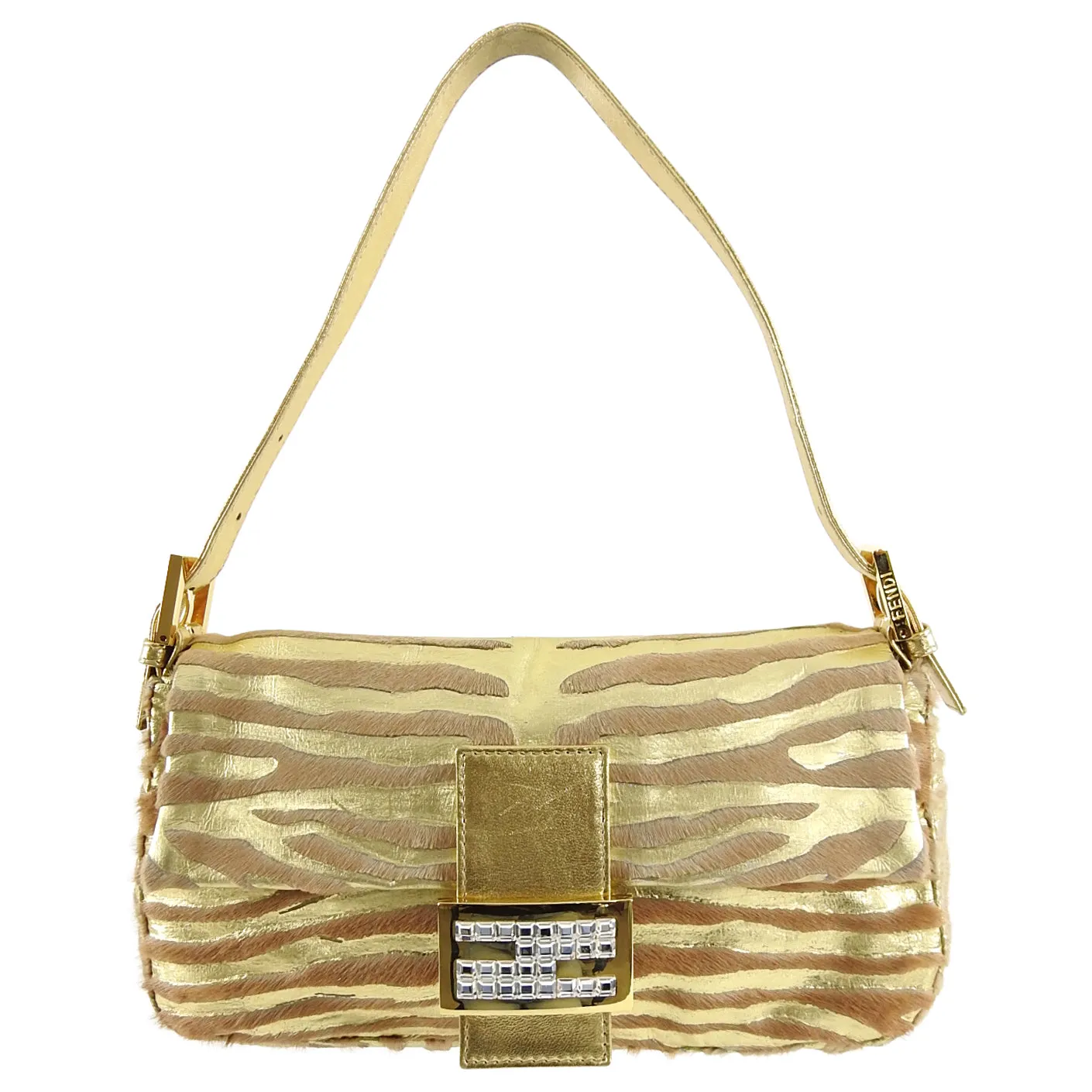 Fendi Vintage 1990's Gold Leather and Calf Hair Jewel Baguette Bag