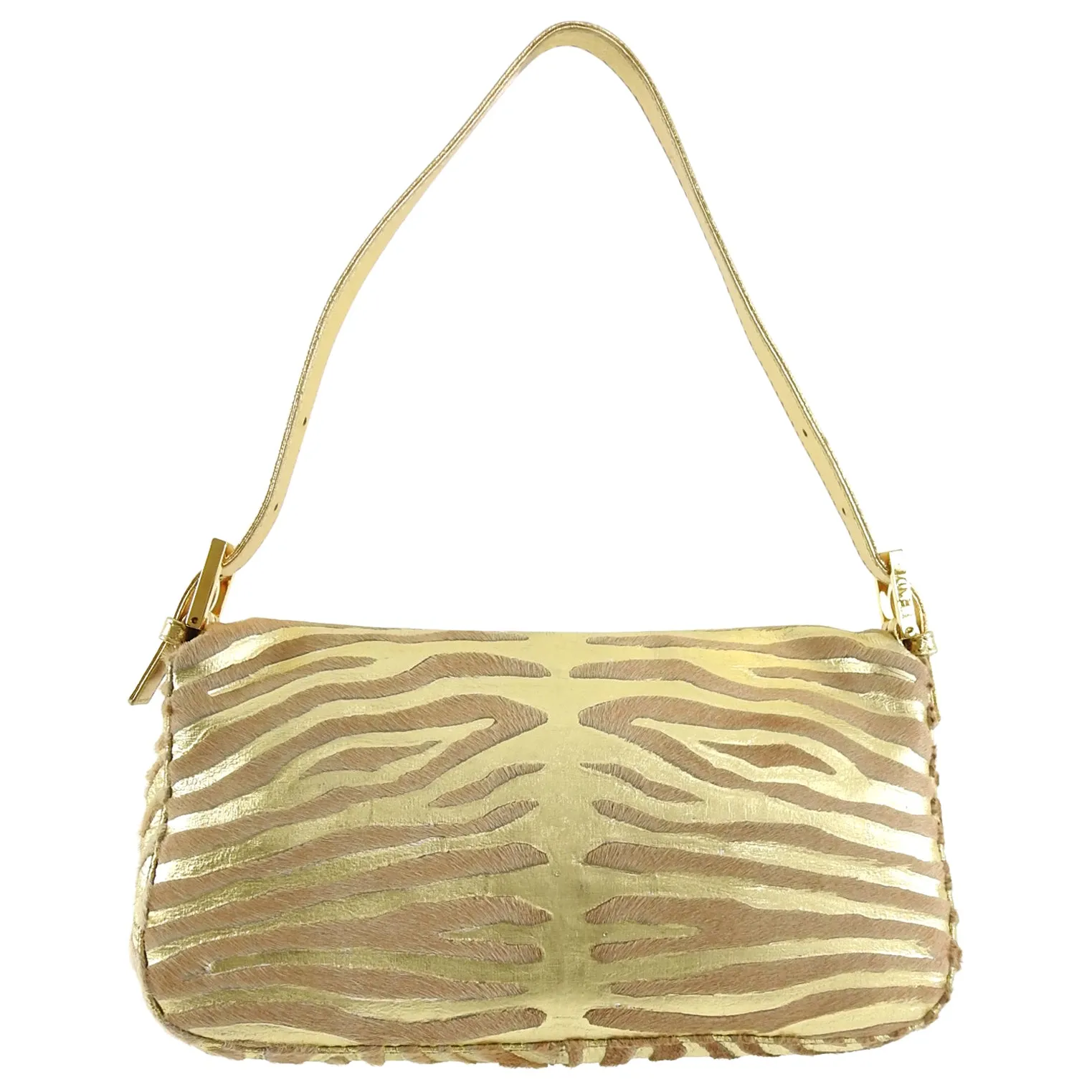 Fendi Vintage 1990's Gold Leather and Calf Hair Jewel Baguette Bag