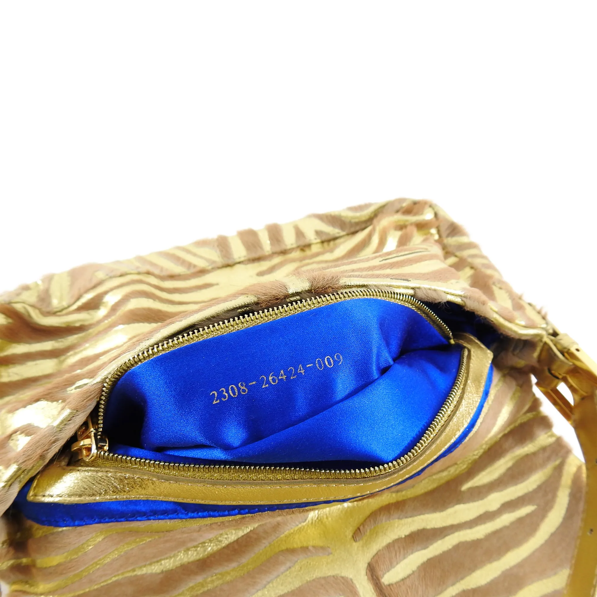 Fendi Vintage 1990's Gold Leather and Calf Hair Jewel Baguette Bag
