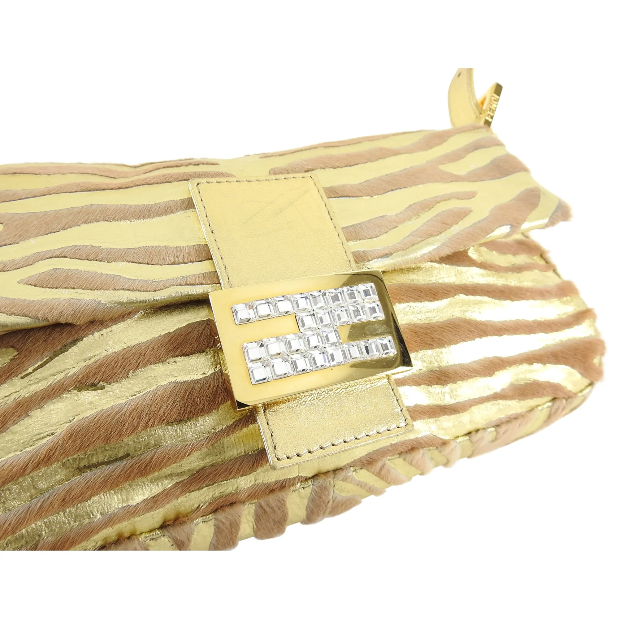 Fendi Vintage 1990's Gold Leather and Calf Hair Jewel Baguette Bag