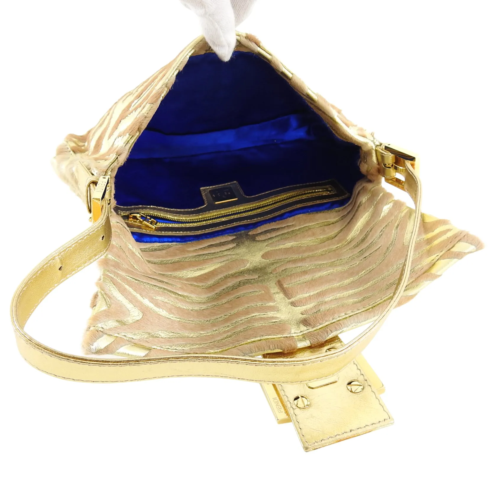 Fendi Vintage 1990's Gold Leather and Calf Hair Jewel Baguette Bag