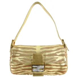 Fendi Vintage 1990's Gold Leather and Calf Hair Jewel Baguette Bag