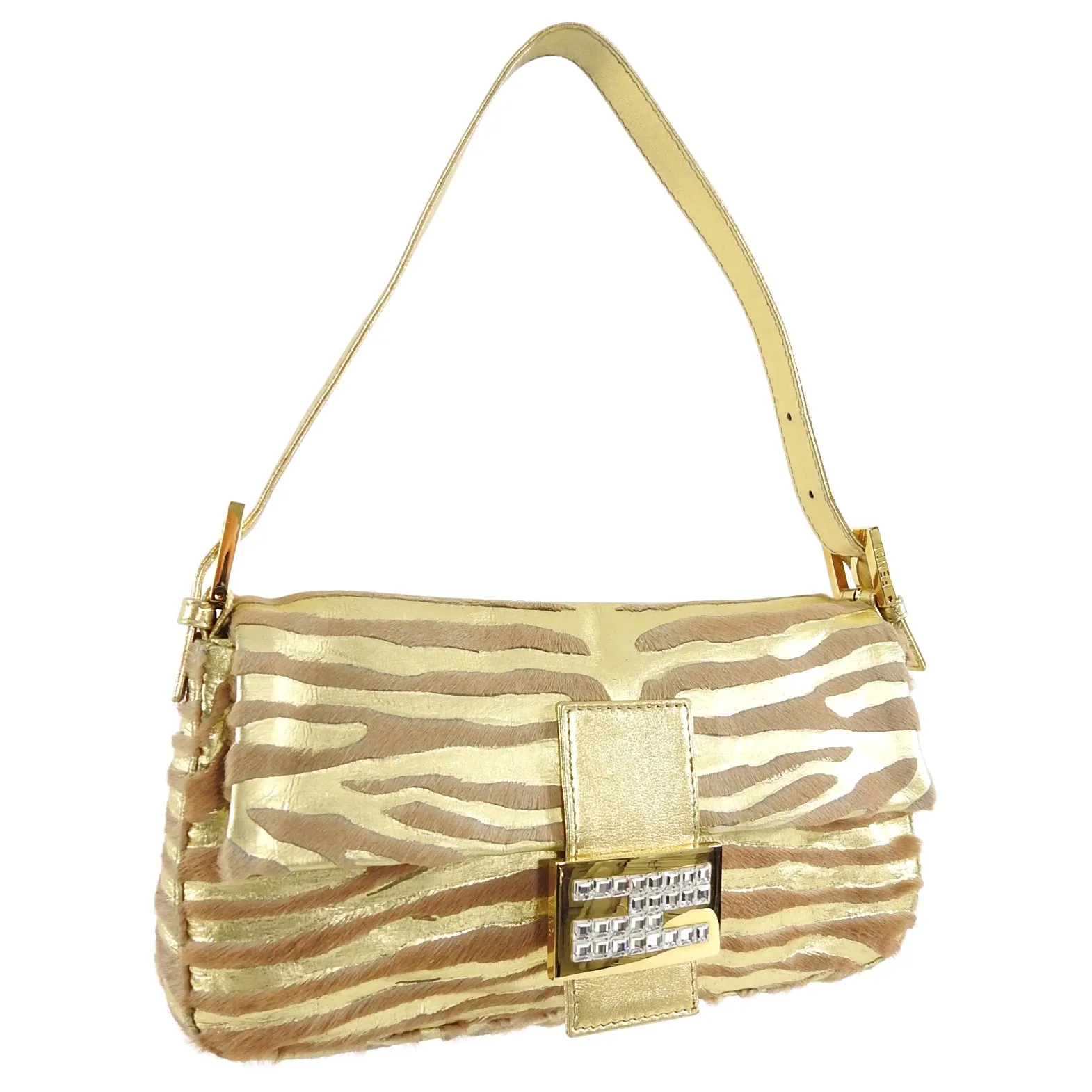 Fendi Vintage 1990's Gold Leather and Calf Hair Jewel Baguette Bag