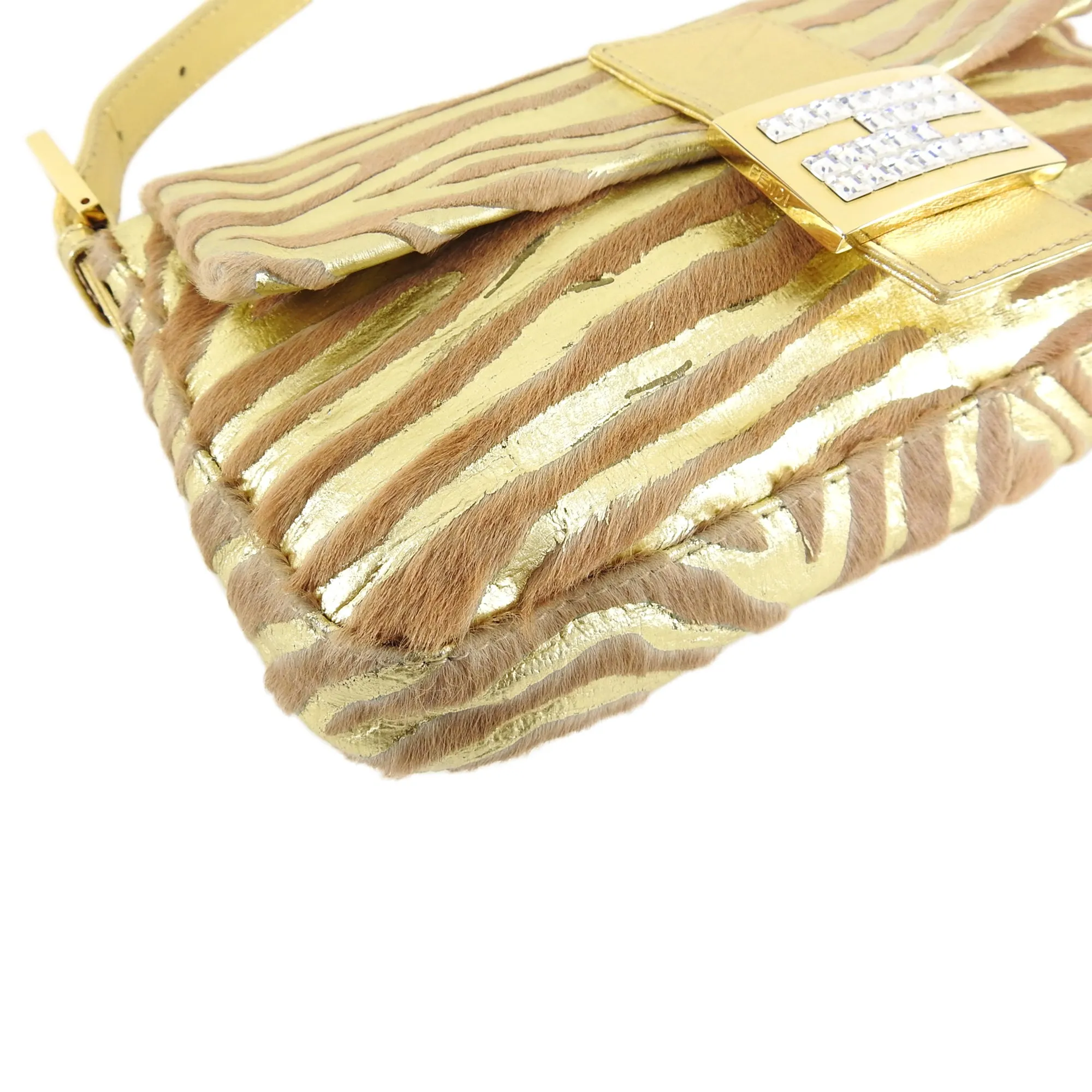 Fendi Vintage 1990's Gold Leather and Calf Hair Jewel Baguette Bag