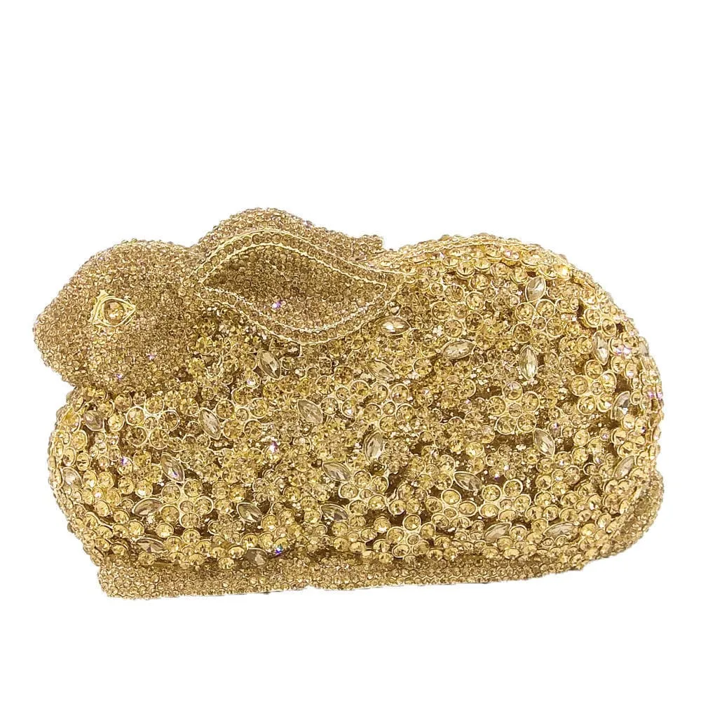 Luxury Rabbit Bunny Gold Crystal Minaudiere Clutch Evening Bag For Women