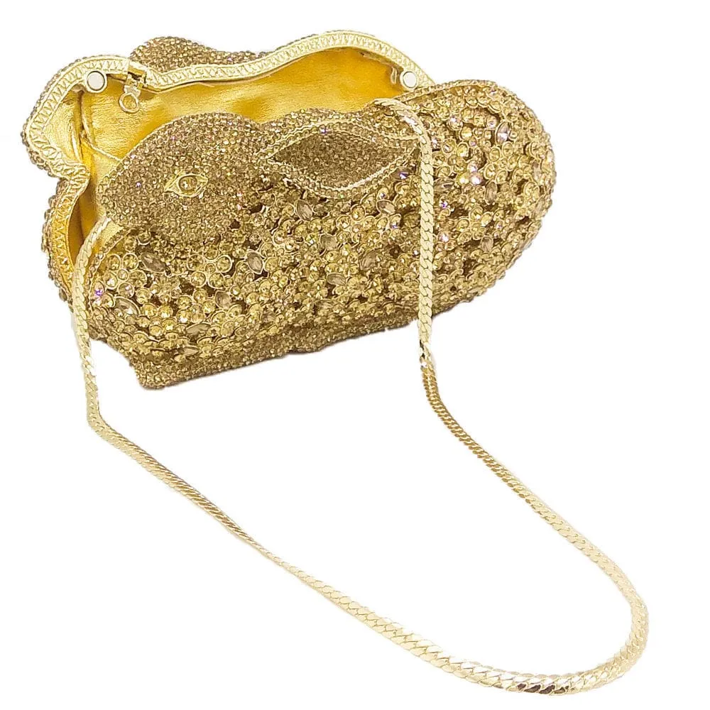 Luxury Rabbit Bunny Gold Crystal Minaudiere Clutch Evening Bag For Women