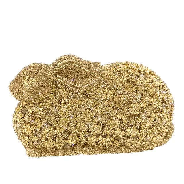 Luxury Rabbit Bunny Gold Crystal Minaudiere Clutch Evening Bag For Women