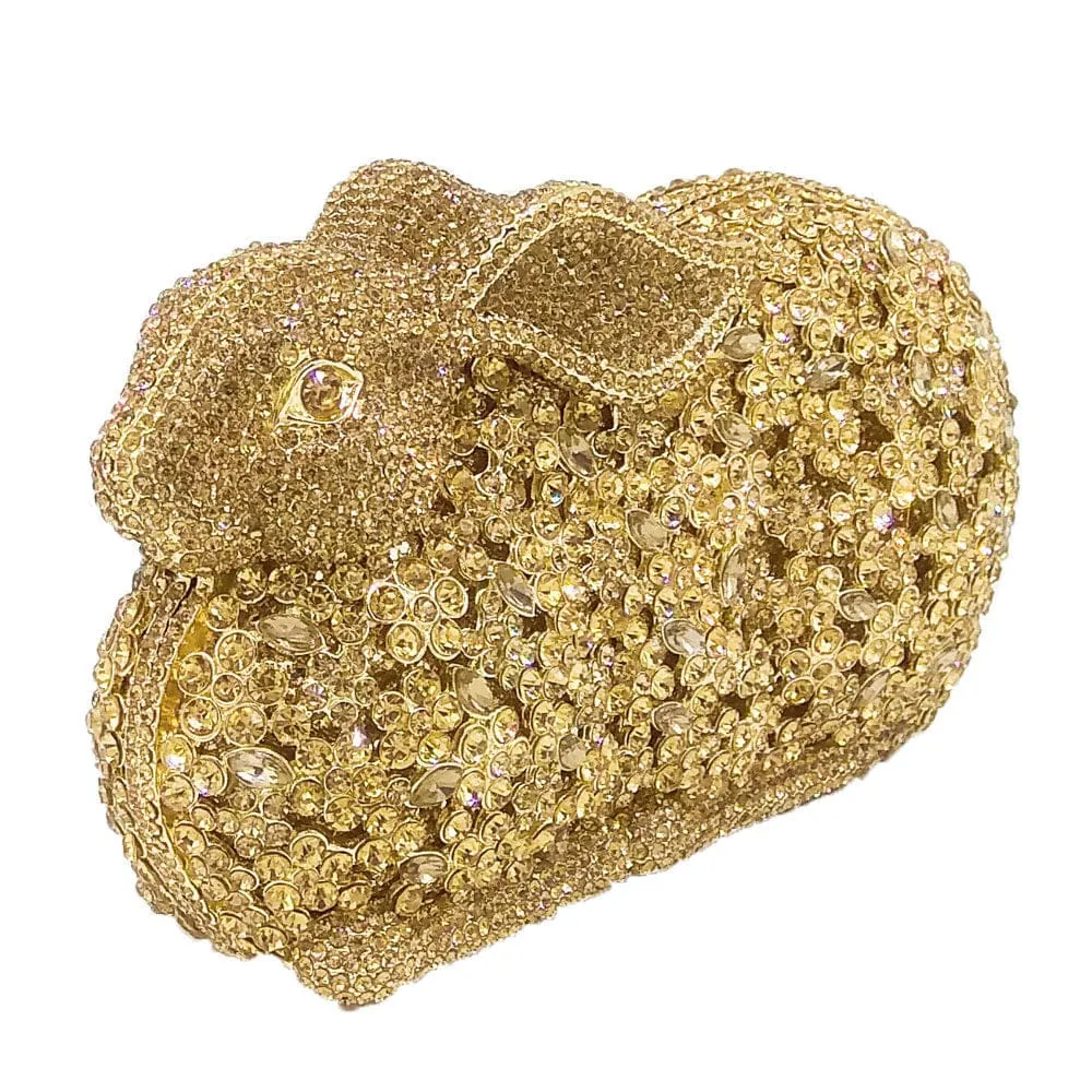 Luxury Rabbit Bunny Gold Crystal Minaudiere Clutch Evening Bag For Women