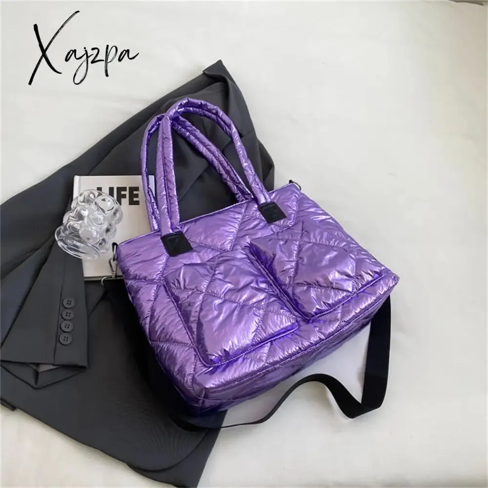 Xajzpa - Large Capacity Messenger Bags for Women Quilted Down Fabric Purses and Handbags Luxury 2023 Trend Gloss Nylon Padded Space Totes