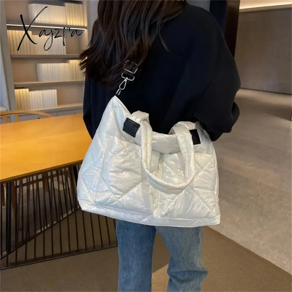 Xajzpa - Large Capacity Messenger Bags for Women Quilted Down Fabric Purses and Handbags Luxury 2023 Trend Gloss Nylon Padded Space Totes