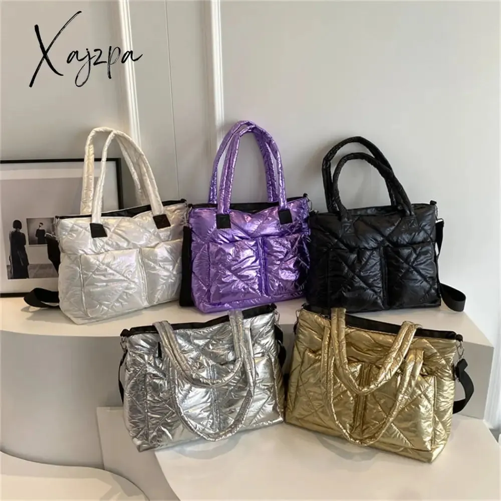 Xajzpa - Large Capacity Messenger Bags for Women Quilted Down Fabric Purses and Handbags Luxury 2023 Trend Gloss Nylon Padded Space Totes